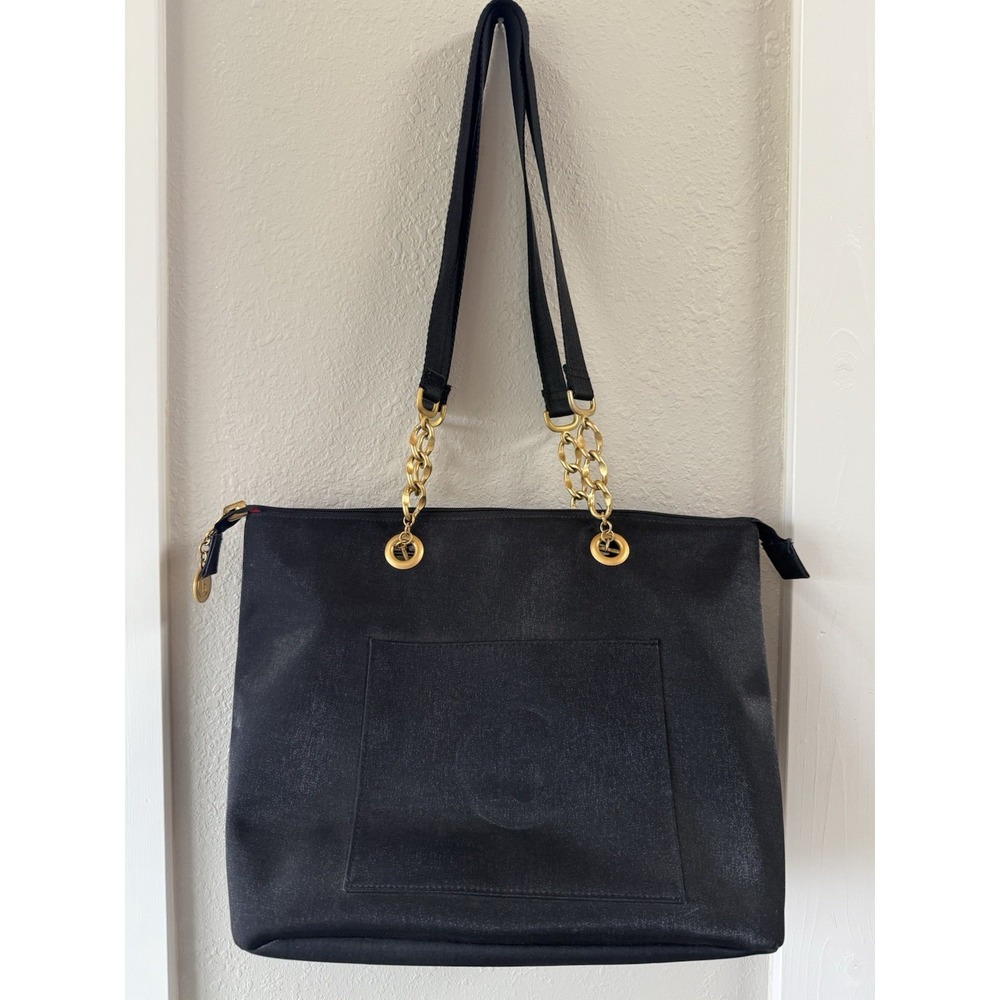 Vintage CB Black Handbag Gold Chain Red Interior Made In Italy 11" X 14 1/2"‎